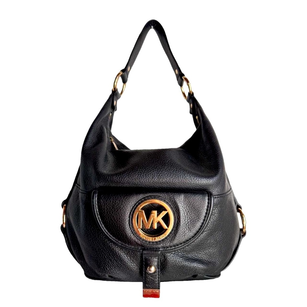 Michael Kors Black Leather Shoulder Bag with Gold Logo